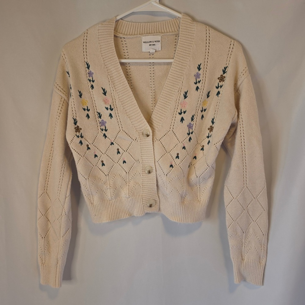 Willow & Wind Floral Embroidered Pointelle Cardigan Small Cream Cottagecore